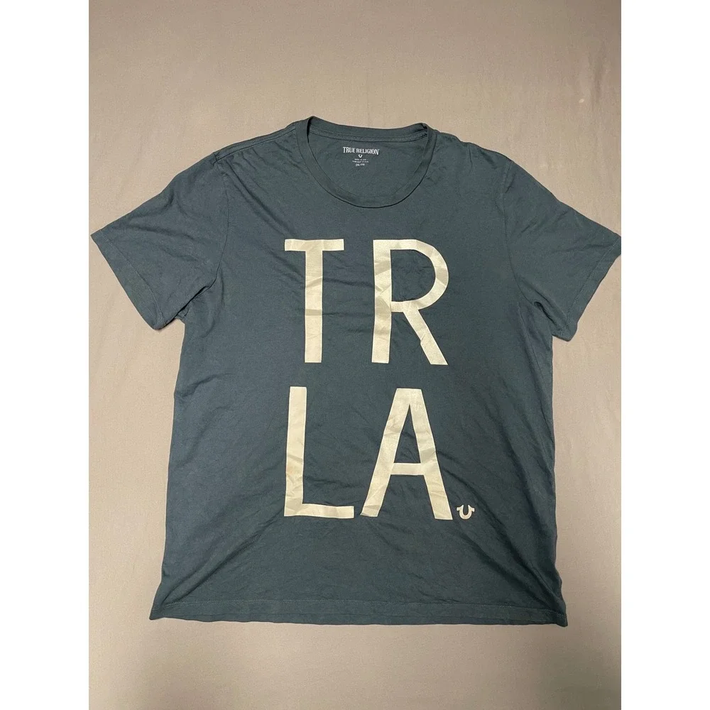 True Religion Mens TR LA Graphic T-Shirt Slate Blue Gray 2XL Made in USA